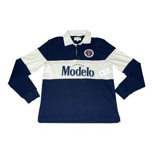 NEW Lucky Brand Modelo Rugby Shirt Mens (S) Navy Cream Long Sleeve Beer Graphic
